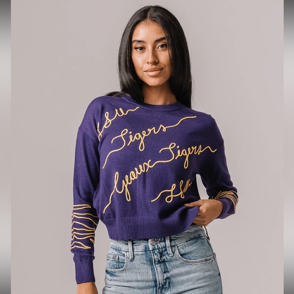 KadyLuxe Women's Purple LSU Tigers Love Note Embroidered Sweater- Small - Picture 2 of 9